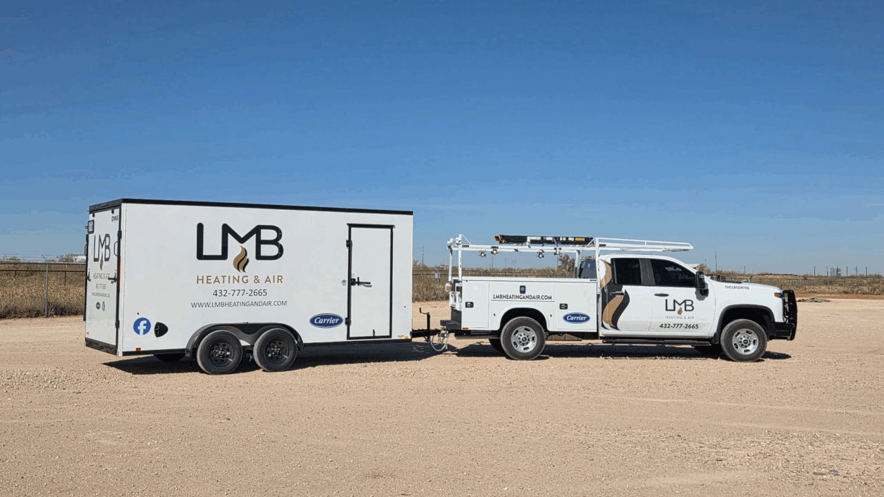 The marked LMB Heating & Air service truck